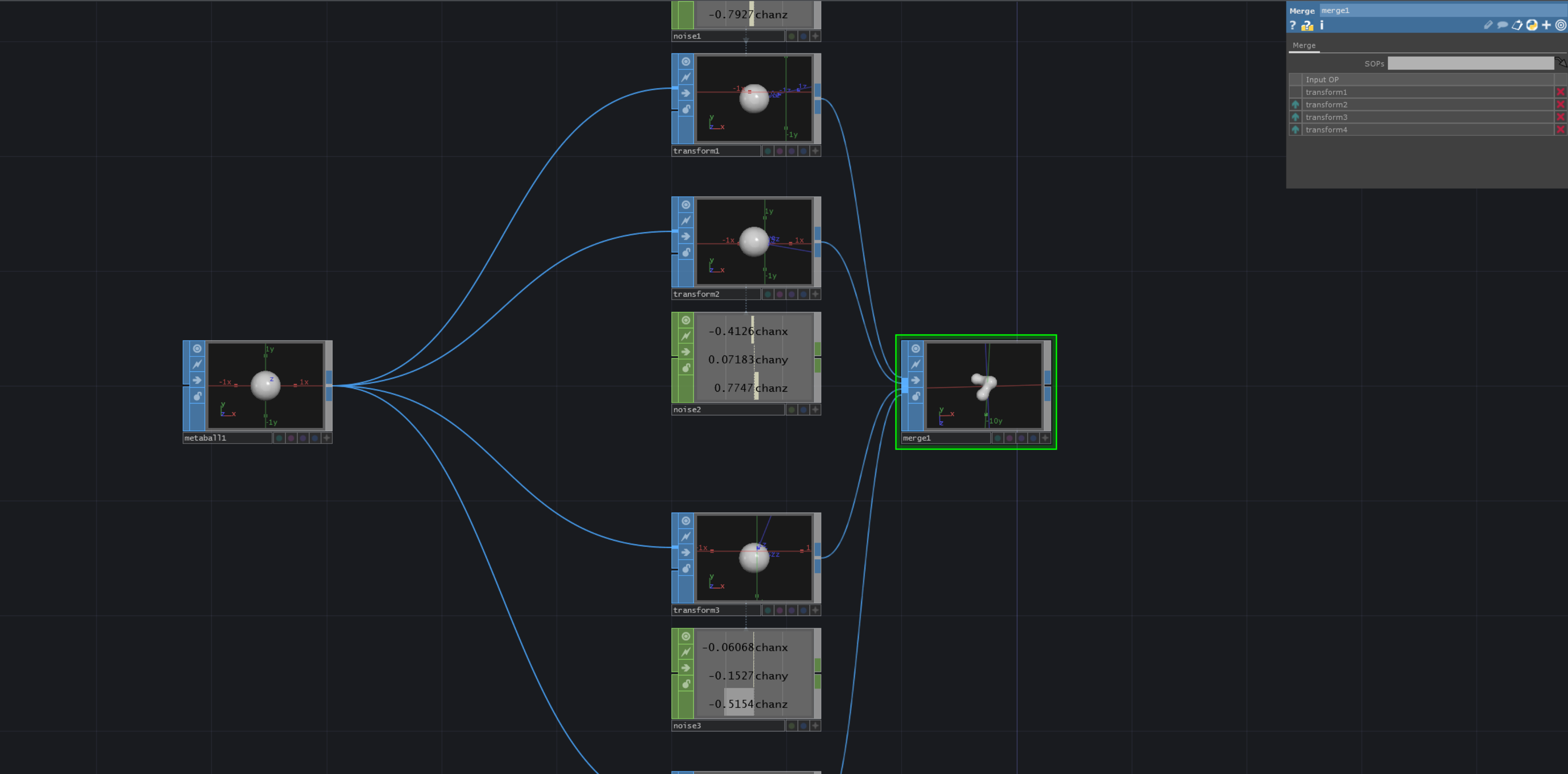 Using multiple TransformSOPs to Merge the Metaballs